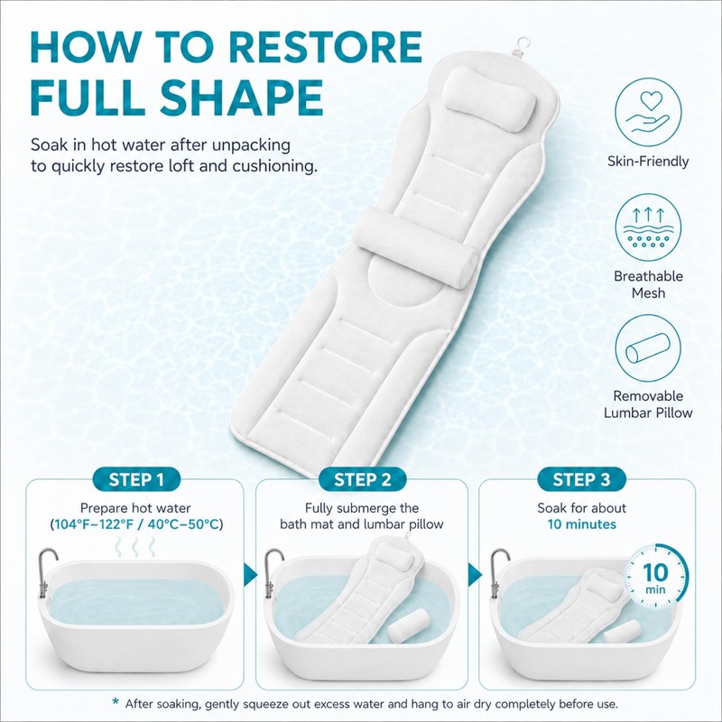 Full Body Bathtub Pillow with Lumbar Support, 5D Air Mesh