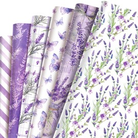 JOINFANXIN Lavender Wrapping Paper 12 PCS, Purple Flower Butterfly Double Sided Gift Decoration Paper for Birthday Wedding Party Various Occasions