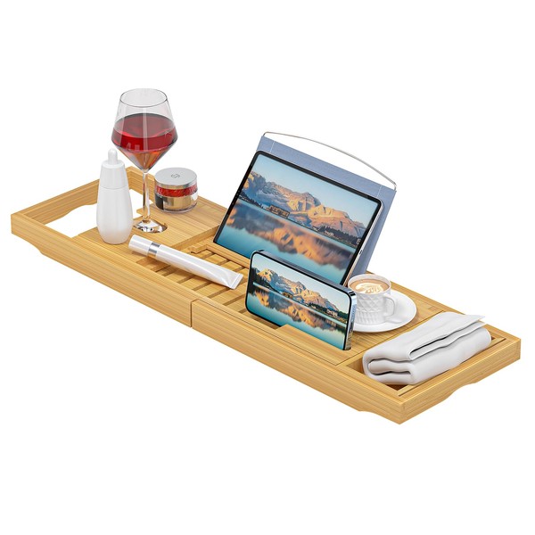 Sen Yi Bao Luxury Bathtub Caddy Tray，Bamboo Bathtub Tray Caddy - Wood Bath Tray Expandable，Can be Placed Book and Integrated Tablet Smartphone and Wine Holder - Gift Idea for Loved Ones