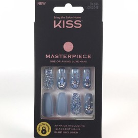 Kiss NEW Kiss Nails Masterpiece Luxe Glue Manicure Long Gel Coffin Blue Silver Gems