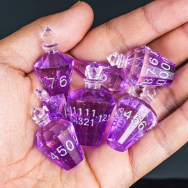 Cusdie 7-Die Sharp Edges DND Dice Set, Potion Shaped D&D Dice, Handcrafted Polyhedral Dice Set, Potion Dice for TTRPG Role Playing Game Pathfinder(Purple w/Silver Numbers)