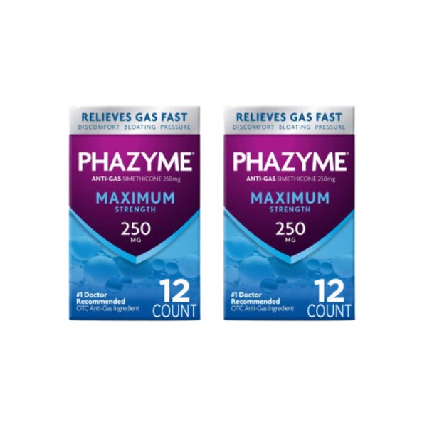 Phazyme Maximum Strength Gas & Bloating Relief, Works in Minutes, 12 Fast Gels, (Pack of 2)