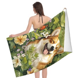 dhakalrlde Cute Corgi Beach Towel with Floral & Butterfly - 32×52in Microfiber Quick Dry Large Lightweight Bath Pool Towel for Women Men Kids, Absorbent Sand Proof Soft Swim Towels for Travel Sports