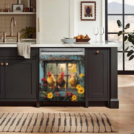 Homega Country Farmhouse Dishwasher Magnet Cover, Farm Chicken Magnetic Dishwasher Cover for Front Decorative, Dishwasher Cover Rooster Decal, Sunflower Refrigerator Magnts Skin, 23 W x 26 H inch