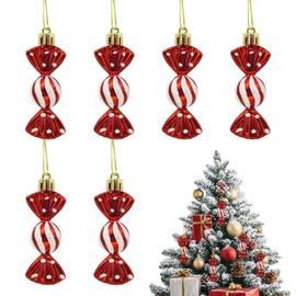 Christmas Candy Ornaments, 6 PCS Christmas Tree Candy Hanging Decorations Red Glitter Candy Cane Ornament Sweet Shaped Baubles Hanging Pendants for Xmas Holiday Party Decor A7YDTG