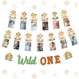 kreat4joy Lion 1st Birthday Decoration, Wild One Birthday Decoration Banner Lion Theme Newborn To 12 Months Growth Record Photo Banner for Jungle Safari Wild Animal 1st First Birthday Decoration