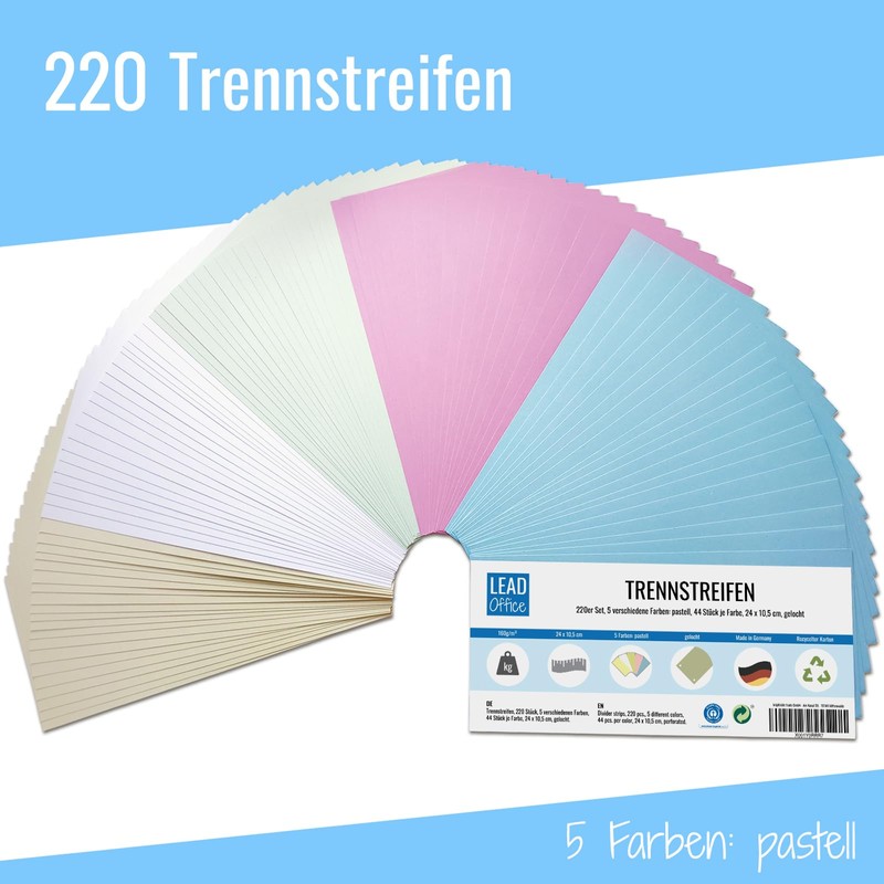 220 Dividers for A4 Folders, Pastel Colours, Dividers Made of