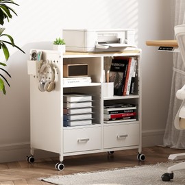 TOOLF 2-Drawer Mobile File Cabinet with Wheels, MDF Wooden Panel Printer Stand with Adjustable Shelves, 2 Storage Bins & 4 Hooks, Home Office Organization, White