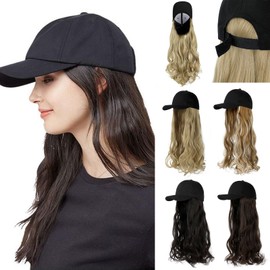 Cephermer Baseball Hat Wig,Hat with Hair attached 24'' Adjustable Black Cap with Long Wavy Synthetic Hair Extensions for Women Girls(Wine Red)