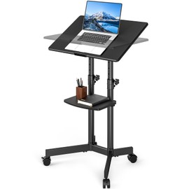 Rfiver Rolling Lectern Podium Mobile Standing Desk, Height Adjustable Portable Laptop Cart with Tilting Top, Rolling Stand Up Desk Computer Workstation with Shelf for Home, Office, Classroom