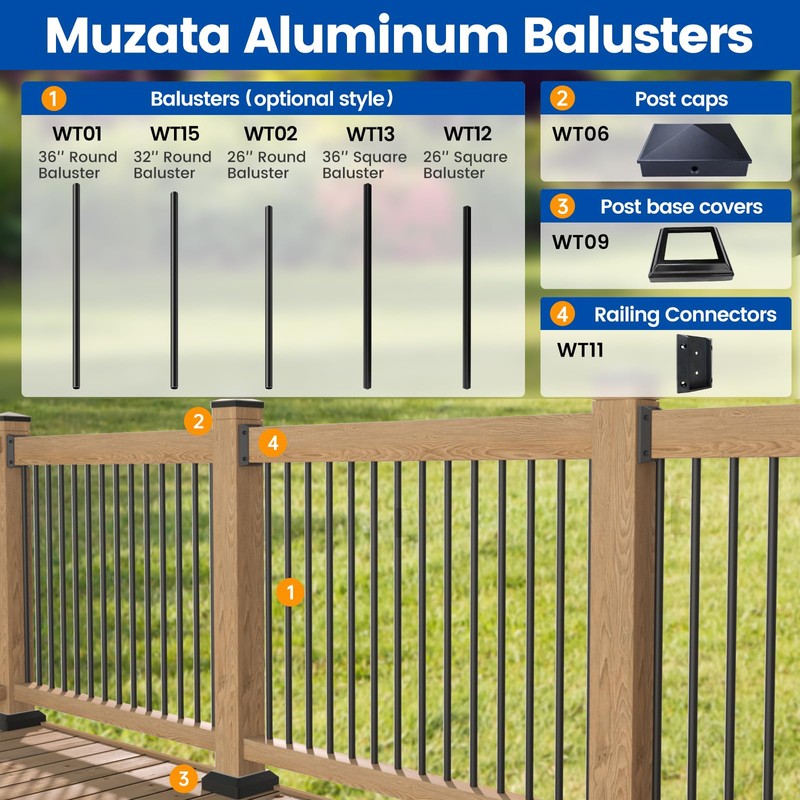 Muzata 50Pack 32" Aluminum Deck Balusters Round Black Deck Railing
