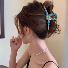 FRUZJAY Sunflower Hair Clips Turquoise Stone Hair Claw Clips Large Bohemia Jaw Clamp Silver Metal Retro Style Hairpin Blue Beads Flower Strong Hold Hair Catch Clips for Thin Thick Curly Hair