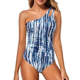 Holipick - Traje de baño de una pieza con un hombro para mujer, con control de abdomen, traje de baño modesto de cobertura completa con abertura cerrada, Azul (Blue Tie Dye), L