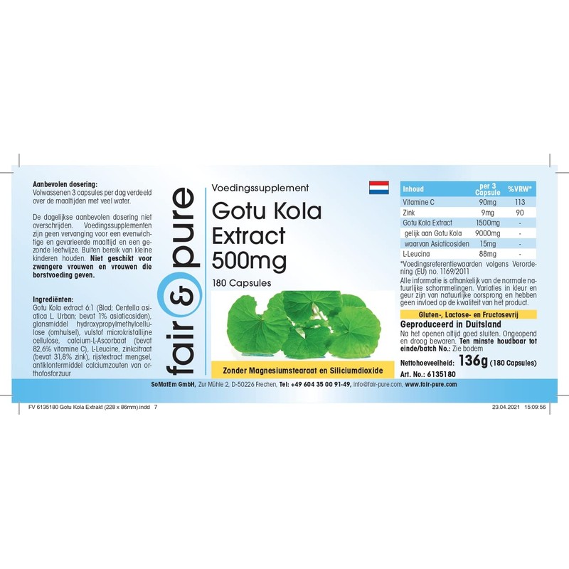 Gotu Kola Extract 500 mg - Vegan - 180 Capsules