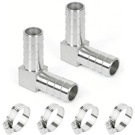 Lophtnix 304 Stainless Steel 1" x 1" Barbed Hose Barb Elbow 90 Degree L Right Angle Fitting with 4 Hose Clamps, Pack of 2