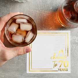 Horaldaily 50 Pack Cheers to 70 Years Cocktail Napkins, 5x5 Inches White and Gold Foil Birthday Decorations Paper Napkins for Party Anniversary Lunch Dinner