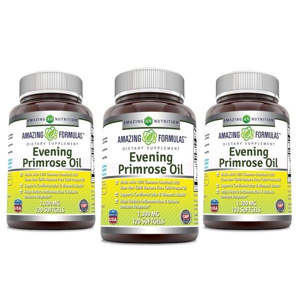 Amazing Formulas Evening Primrose Oil 1300 Mg, 10% GLA, 120 Softgels - Hexane Free Cold Pressed Oil -Supports Cardiovascular Function and Women's Health (120 Count (3 Pack))