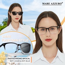 MARE AZZURO Photochromic Bifocal Reading Glasses 1.25+ Women Blue Light Outdoor Readers 1.00 1.25 1.50 1.75 2.00 2.25 2.50 2.75 3.00 3.50 (B+clear, 1.25)