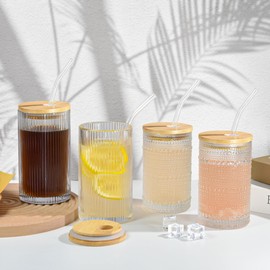 Icesip 14 oz Drinking Glasses Set of 4 with Bamboo Lids Straws Striped Ribbed Glassware Set Vintage Glass Cups Embossed Iced Coffee Cup for Beer Cocktail Beverage(Ribbed)