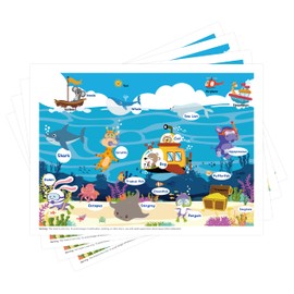 Disposable Placemats for Baby Toddlers, Sticky Plastic Blue Baby Placemats Table Mats for Restaurants, Preschool, Parties & Dining Table – Sea Animals Fun Designs, 40 Pack, 12x16 Inches