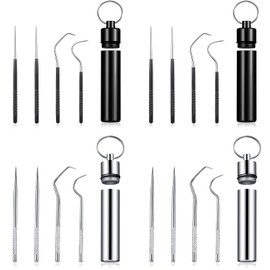 Portable Titanium Toothpicks Pocket Set Reusable Metal Stainless Steel Toothpicks with Holder for Outdoor Picnic and Camping (Black, Silver,4 Sets)