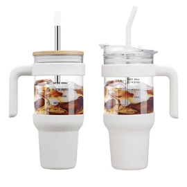 chunmo 40 oz Glass Tumbler with 2 Lids-Bamboo Straw Lid & 2-in-1 Sip and Flip Straw Lid,Iced Coffee Cup with Handle, Glass Water Bottles with Silicone Sleeve,Glass Cup with Straws, BPA Free-1 Pack