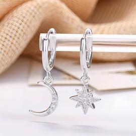 Hinvan 2 Pairs of Hoop Earrings Silver Hanging 925 Sterling Silver Earrings Star Moon Small Hoop Earrings with Star Pendant Sleeping Cartilage Hoop Earrings Cubic Zirconia for Women Girls, Sterling