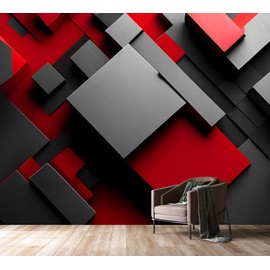 PYFFYP- Black and red 3D Geometry Wallpaper murals for Living Room(Not Peel and Stick)