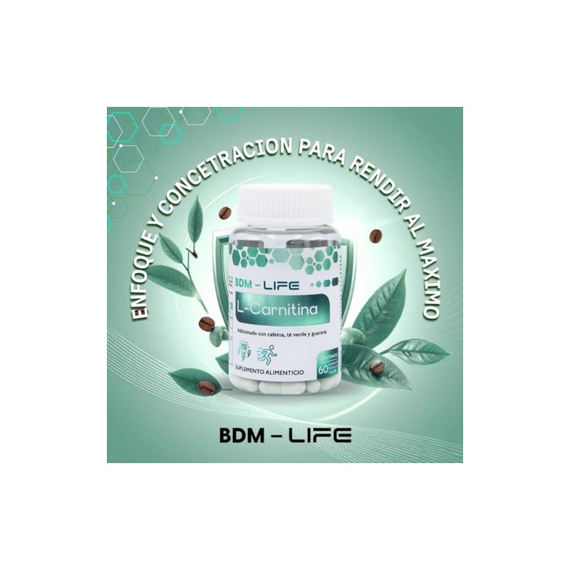 BDM-LIFE L-Carnitina con Cafeína, Té Verde y Guaraná, Energía y