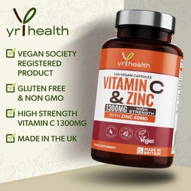 Vitamin C 1300mg and Zinc 40mg High Strength - VIT C and Zinc for Maintenance of Normal Immune System - 120 Vegan Capsules not Tablets - 2 per Daily Serving - Made in The UK by YrHealth