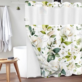 Tititex No Hooks Snap in Liner Blooming Bright White Floral Green Leaves Shower Curtain, Hotel Luxury Double Layers Waterproof Fabric & See-Through Top Window Bathroom Decorative 72x72 Inch