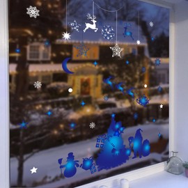 funlife Double-Sided Stained Glass Window Film, Static Cling Window Clings, Christmas Border Window Stickers for Glass, Reusable Christmas Ornament, Santa Claus & Reindeer + Blue & White Xmas Ball