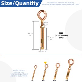 Glarks 8pcs M10 Concrete Eye Bolts, Carbon Steel Expansion Screws Closed Hook Bolts, Colored Zinc Plated Expansion Eye Bolt Screw Anchor for Wall Masonry Concrete Expansion Heavy Duty Bolts