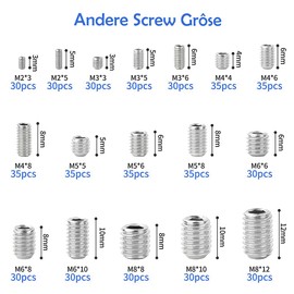 Pack of 540 Stainless Steel Grub Screws, M2/3/4/5/6/8 Hexagon Socket Grub Screws with 6 Wrenches and 1 Tweezers for Attaching Machine Parts