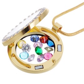 RUBYCA Living Memory Round Locket Necklace 12 Heart Crystal Birthstones Floating Charms Gold Tone
