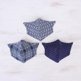 NOVICA Artisan Handmade Cotton Face Masks 3 Thai White Navy Blue Accessories Assorted Triple Layer Ear Loop Filter Pocket Printed Thailand ' Cool Thai Blues' Set of 3