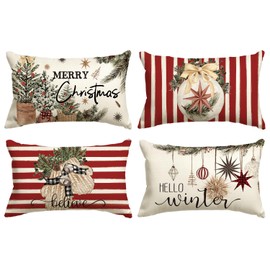 AVOIN colorlife Merry Christmas Balls Eucalyptus Holly Berries Gloves Throw Pillow Covers, 12 x 20 Inch Xmas Winter Holiday Red Stripes Cushion Case Decoration for Sofa Couch Set of 4