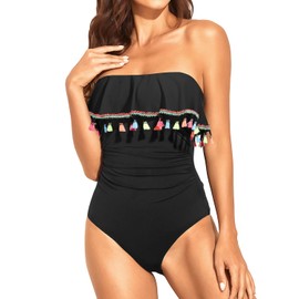 Holipick Black with Tassel Strapless One Piece Swimsuits for Women Tummy Control Bandeau Bathing Suits Ruffle Slimming Swimwear X-Large