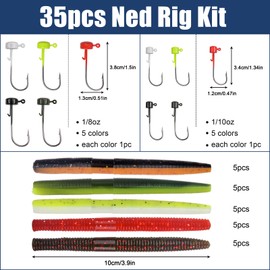 Ned Rig Jig Heads Worm Lures Kit Ned Rig Baits Finesse Shroom Jig Head Hooks Stick Baits Soft Plastic Lures Kit for Bass Fishing