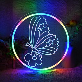 Butterfly Decorations LED Light - Single Color/Multi-Color Adjustable Neon Sign for Room Decor, 13“ x 13” USB Powered Kids Bedroom Art, Unique Birthday Gifts for Girls Boys