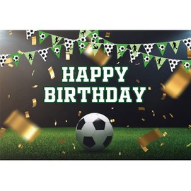 Renaiss 7x5ft Soccer Birthday Backdrop Football Stadium Gold Ribbon Green Grass Flags Photography Background for Kids Boys Newborn Baby Shower Happy Birthday Party Decor Portrait Wallpaper Banner