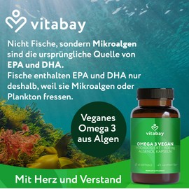 Vitabay Omega 3 Vegan 180 Capsules with 1100 mg Pure Algae Oil with Vitamin E - High Dose - DHA 600 mg & 300 mg EPA - Laboratory Tested in Germany & No Additives - Quality from Nature - Pack of 3