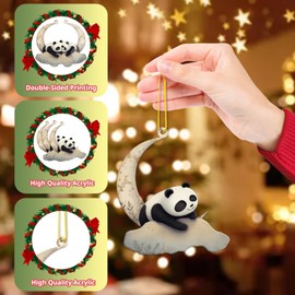 Animals Sitting On The Moon Christmas Tree Ornaments, Panda Christmas Decorations Double-Printed Acrylic Hanging Woodland Xmas Indoor Outdoor Decor, Window Wall Mantel Hanging Decor Home Party