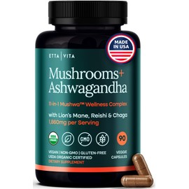 USDA Organic Lions Mane Supplement Capsules with Ashwagandha, Chaga, Reishi, Cordyceps, Turkey Tail (18,600mg/serv) 10x Adaptogenic Mushroom Complex as Focus Supplement - Energy, Immunity & Nootropic