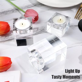 Set of 3 Cube Crystal Candle Holders, Clear Glass Tea Light Holders, Creative Votive Decor for Table Centerpieces, Weddings, Mother’s Day, Birthdays. Ideal Gift for Girlfriend, Wife, Mum（S）