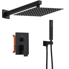 BWE Black Shower Faucet 10 Inch Square Luxury Rain Mixer Shower System Sets Complete 2-Functions Wall Mount Rainfall Shower Head with Handheld Rough-in Valve Body and Trim Included
