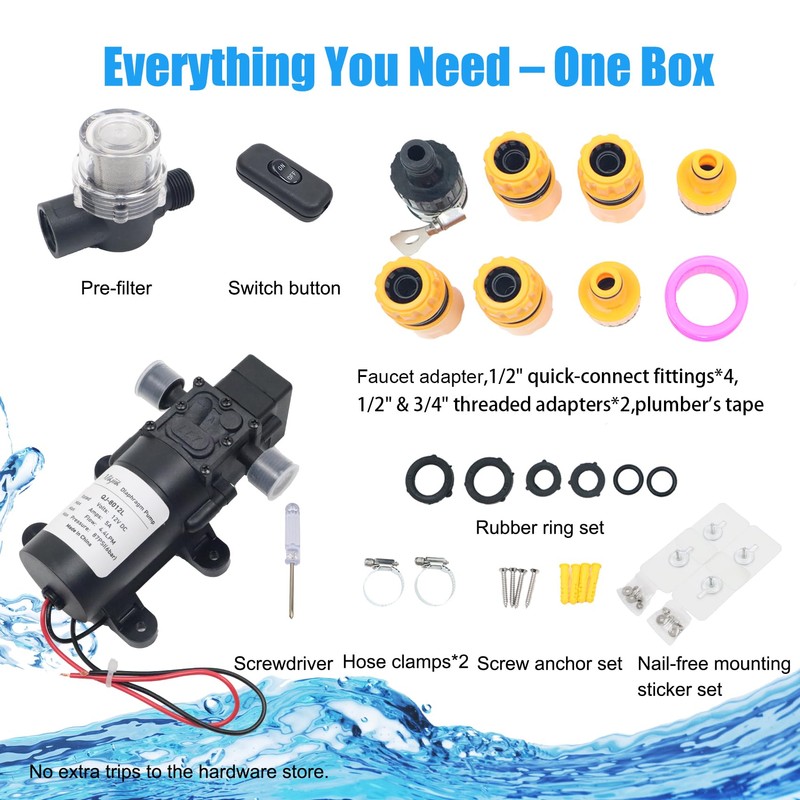 DC 12V Diaphragm Pump, Self-Priming Water Pump with Deluxe Hose
