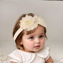 Kenjudess 2 pcs Baby Girls Flower Headbands Set Floral Chiffon Bow Hairbands with Crystal Elastic Pearl Hair Accessoties for Newborn Infant Toddler (White 2, Standard Small)