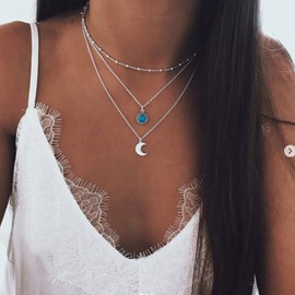 Prosy Layered Boho Turquoise Pendant Necklaces Silver Moon Choker Necklace Chain Adjustable Jewelry for Women and Girls