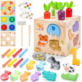 deAO Multifunktionales Montessori Spielzeug, 8-in-1 Motorikwürfel Holzspielzeug mit Karotten, Tieren, Angeln und Formen für kognitive und motorische Entwicklung für Kinder ab 3 Jahr